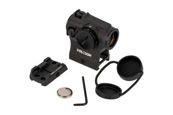 The Holosun HE403R-GD micro dot sight comes with a battery and lens covers